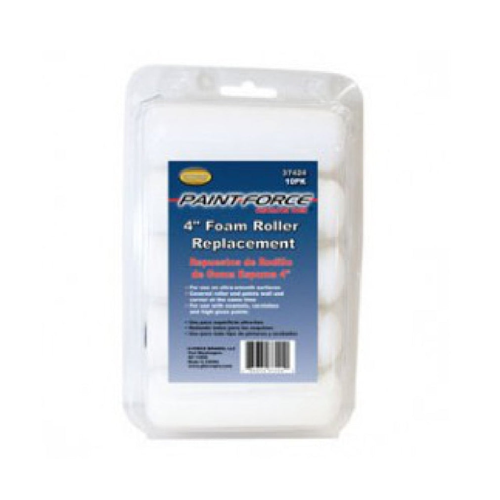 A small package of PAINT-FORCE 37424 4 in. x 3/8 in. Nap Foam Roller Refills (10-Pack) against a plain white background offers smooth application. The mostly blue packaging suggests it is a convenient kit for painting projects or foam roller refill needs.